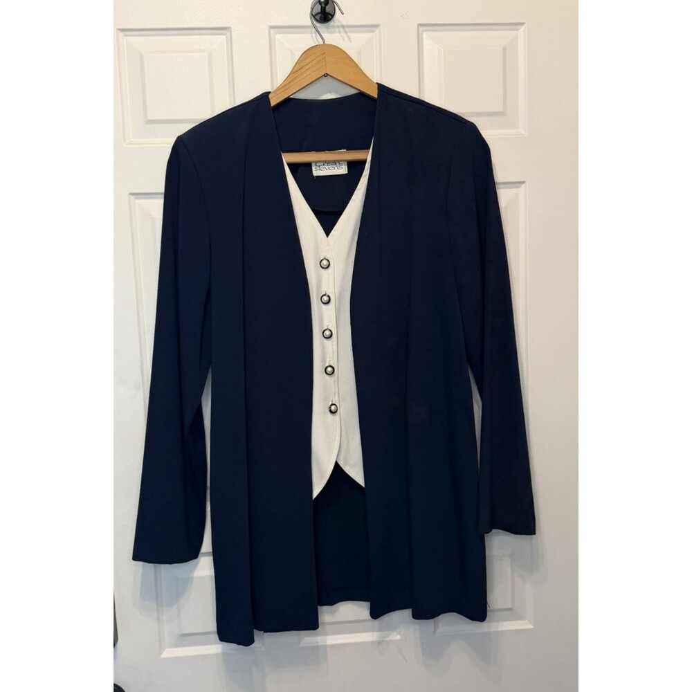 Vintage Cristin Stevens Button Blazer Women's Size M Navy with White Shirt 80s